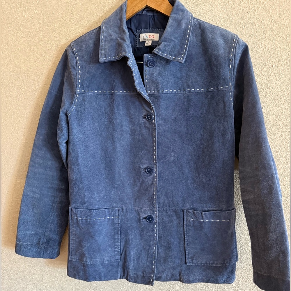 Denim & Company women washable blue leather jacket blazer size S